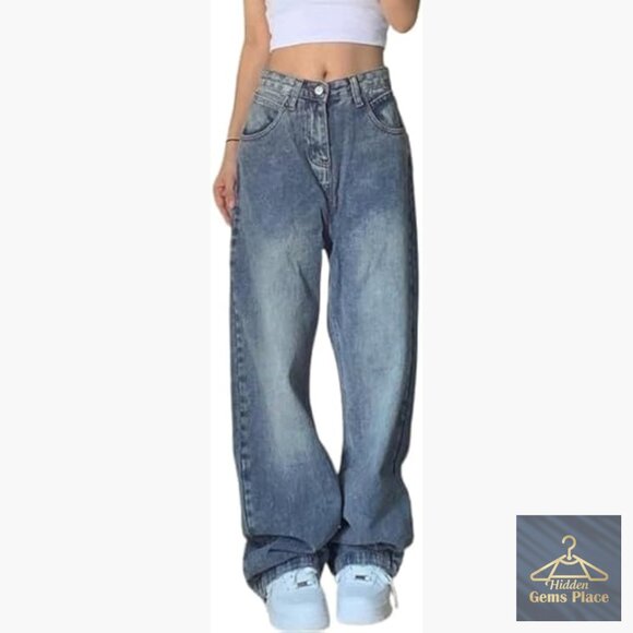 Vintage Boyfriend Jeans Wide Leg Denim Pants Mid-Low Waist Baggy Streetwear